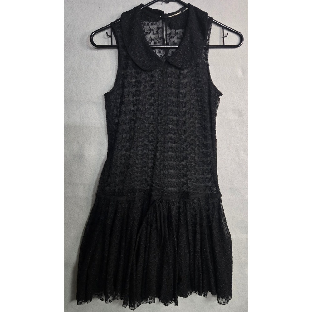 Black Floral Lace Sheer Sleeveless Drop Waist Dress with Peter Pan Collar Gothic